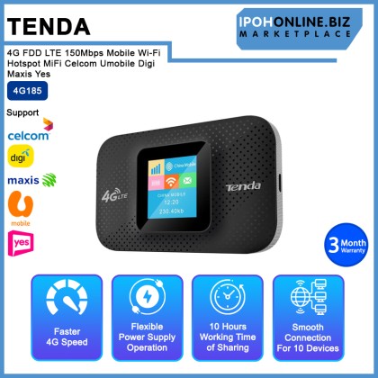 Tenda 4G185 4G FDD LTE 150Mbps Mobile Wi-Fi Hotspot MiFi Celcom Umobile Digi Maxis Yes Tenda 4G185 4G FDD LTE 150Mbps Mobile Wi-Fi Hotspot MiFi Celcom Umobile Digi Maxis Yes